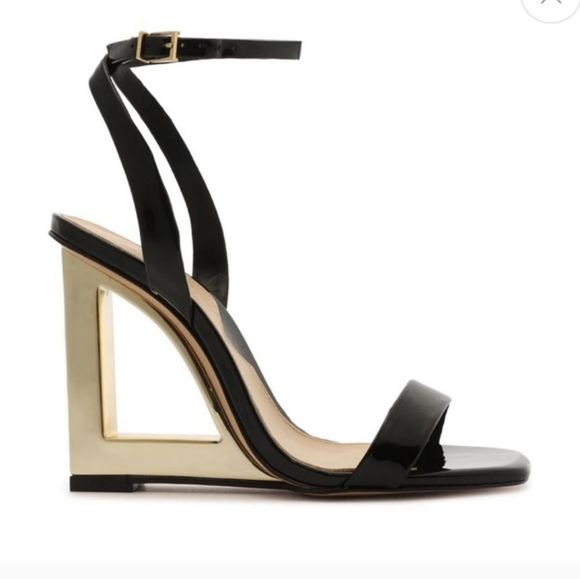 SCHUTZ Shoes - New SCHUTZ Filipa Black Patent Leather Gold Sandal Heels Wedges 8.5